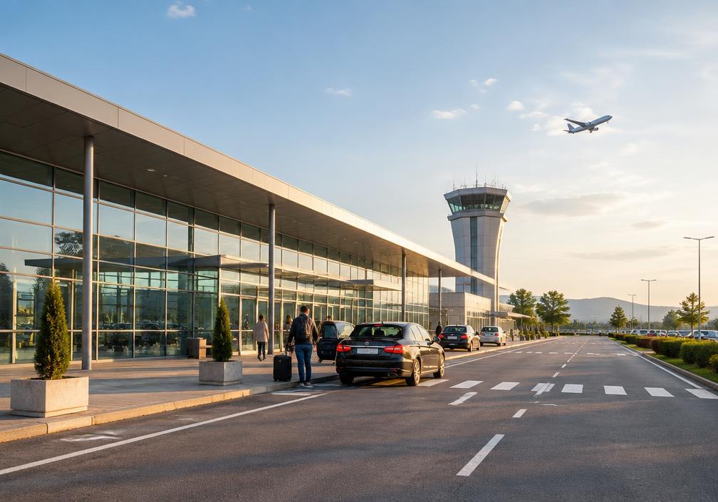 Car in front of the airport terminal